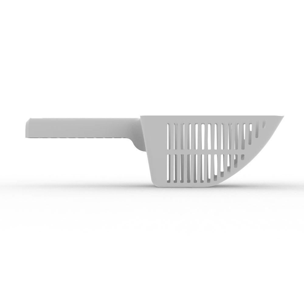 Rendering of the designed scoop — side profile showing the sifting slots and arched front