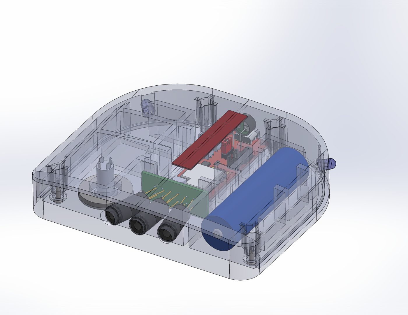 Transparent rendering of the device showing its sensors, electronic board, and batteries