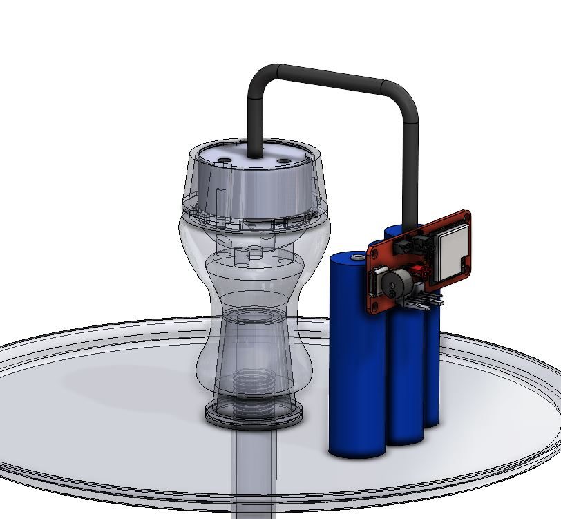 Concept rendering — heating element, electronics, and battery pack on the hookah tray